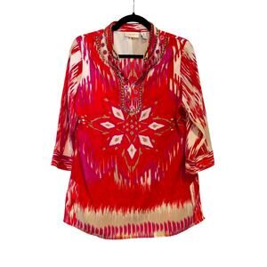 Chicos Travelers Beaded Ikat Tunic Top Boho Travel Womens Small 0 Red Pink